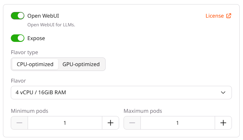 Open WebUI module enabled showing Expose, Flavor type, Flavor, and pod count settings