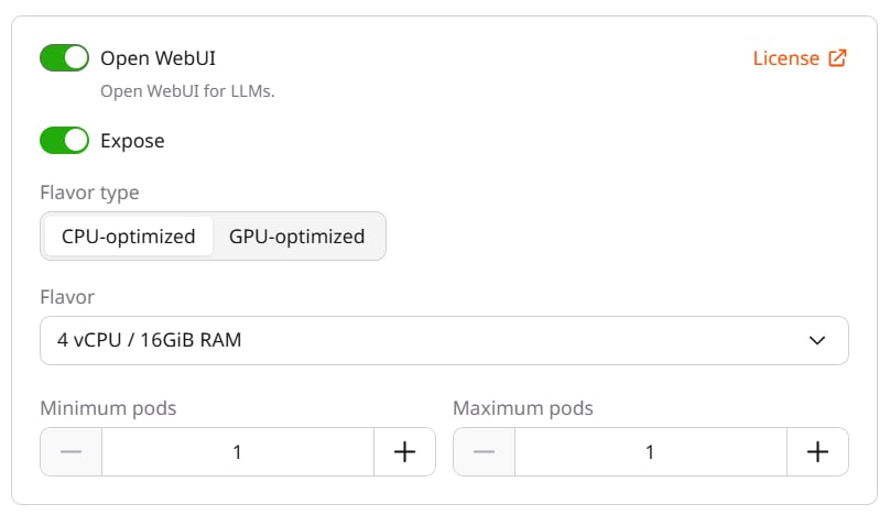Open WebUI module enabled showing Expose, Flavor type, Flavor, and pod count settings