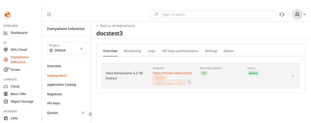 Deployment overview showing endpoint URL