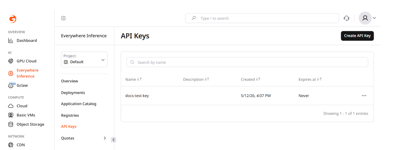 API Keys page