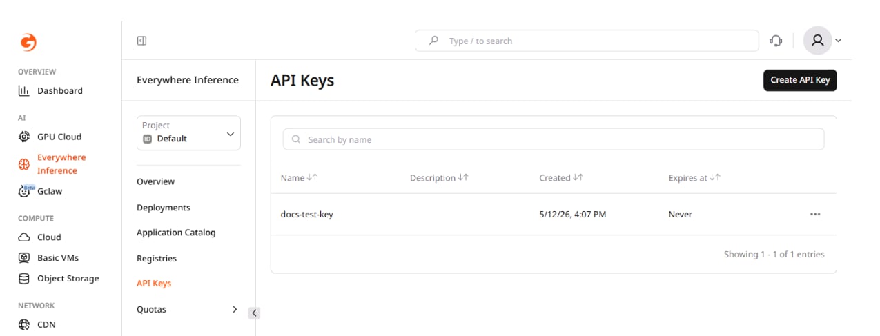 API Keys page