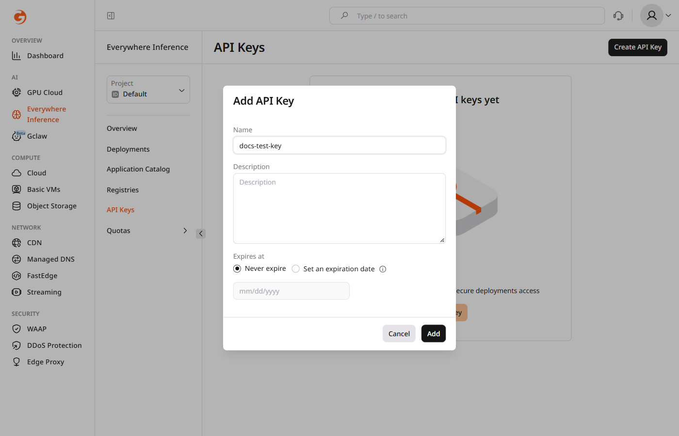 Add API Key dialog