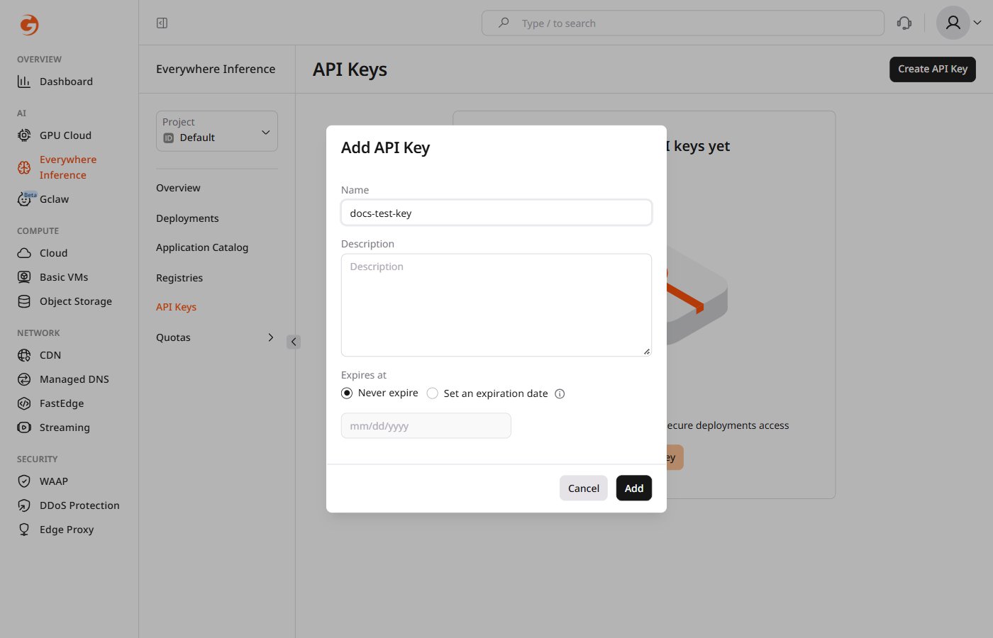Add API Key dialog