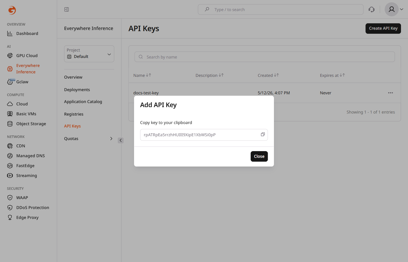 API key value shown once after creation
