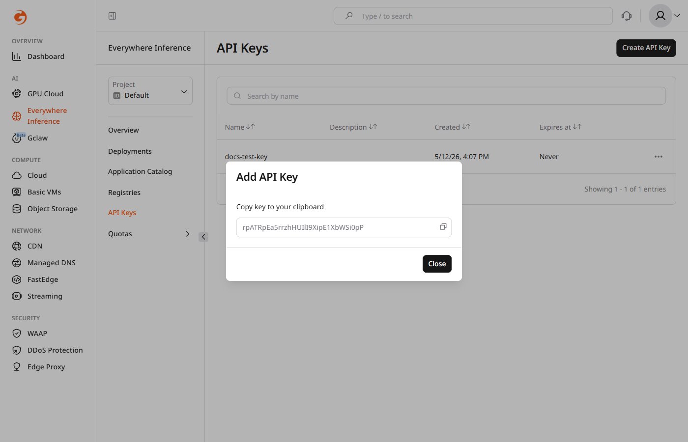 API key value shown once after creation