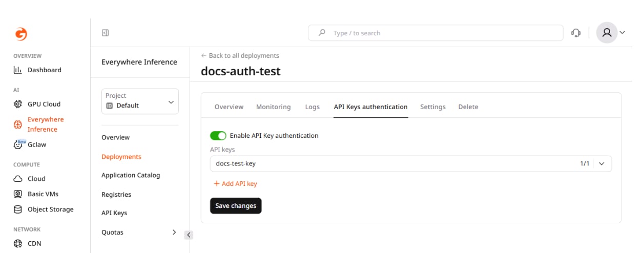 API Keys authentication tab on deployment detail page