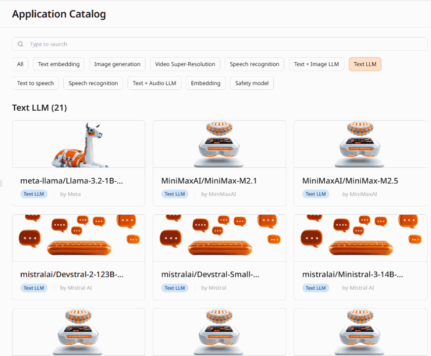 Application Catalog with Text LLM category filter applied