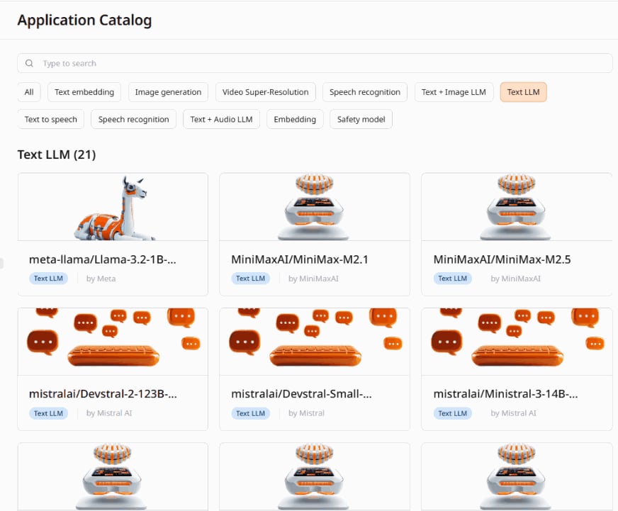 Application Catalog with Text LLM category filter applied
