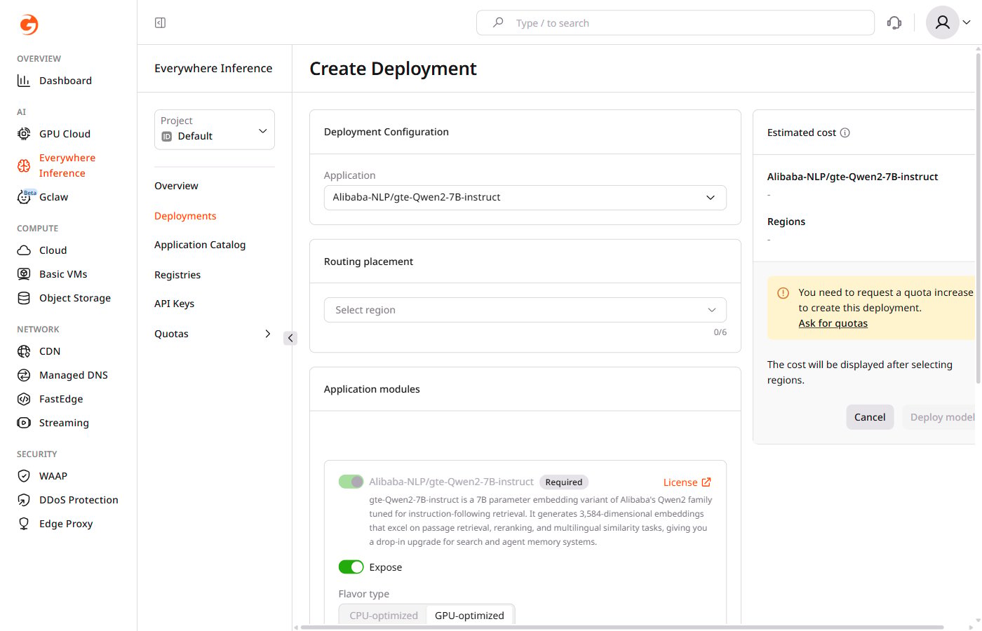 Create Deployment form — Deployment Configuration and Routing placement sections