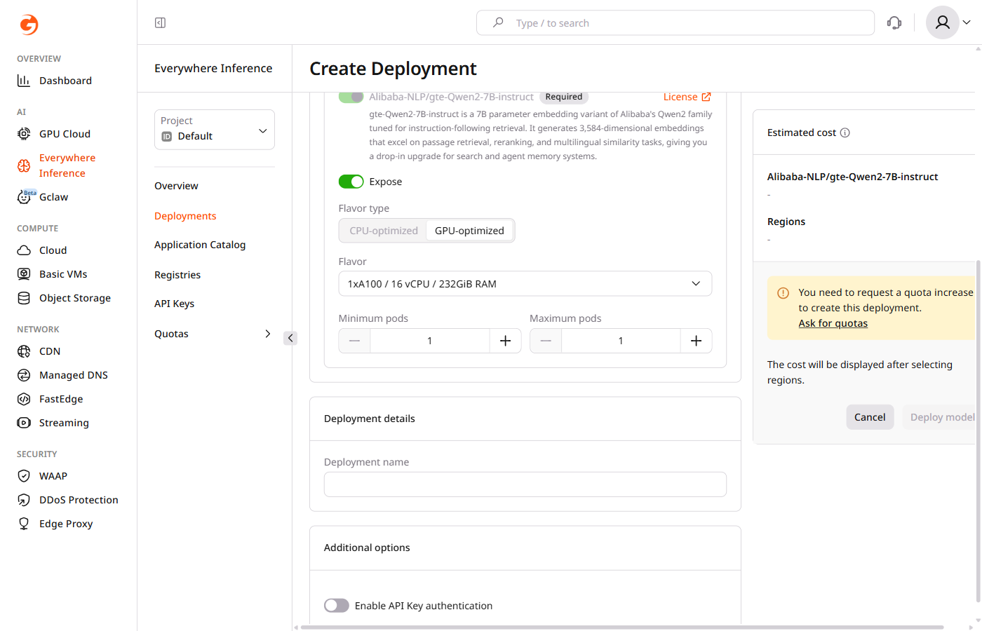 Create Deployment form — Application modules, Deployment details, and Additional options sections