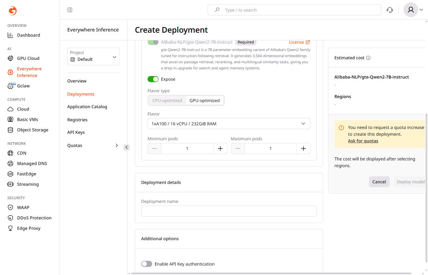 Create Deployment form — Application modules, Deployment details, and Additional options sections