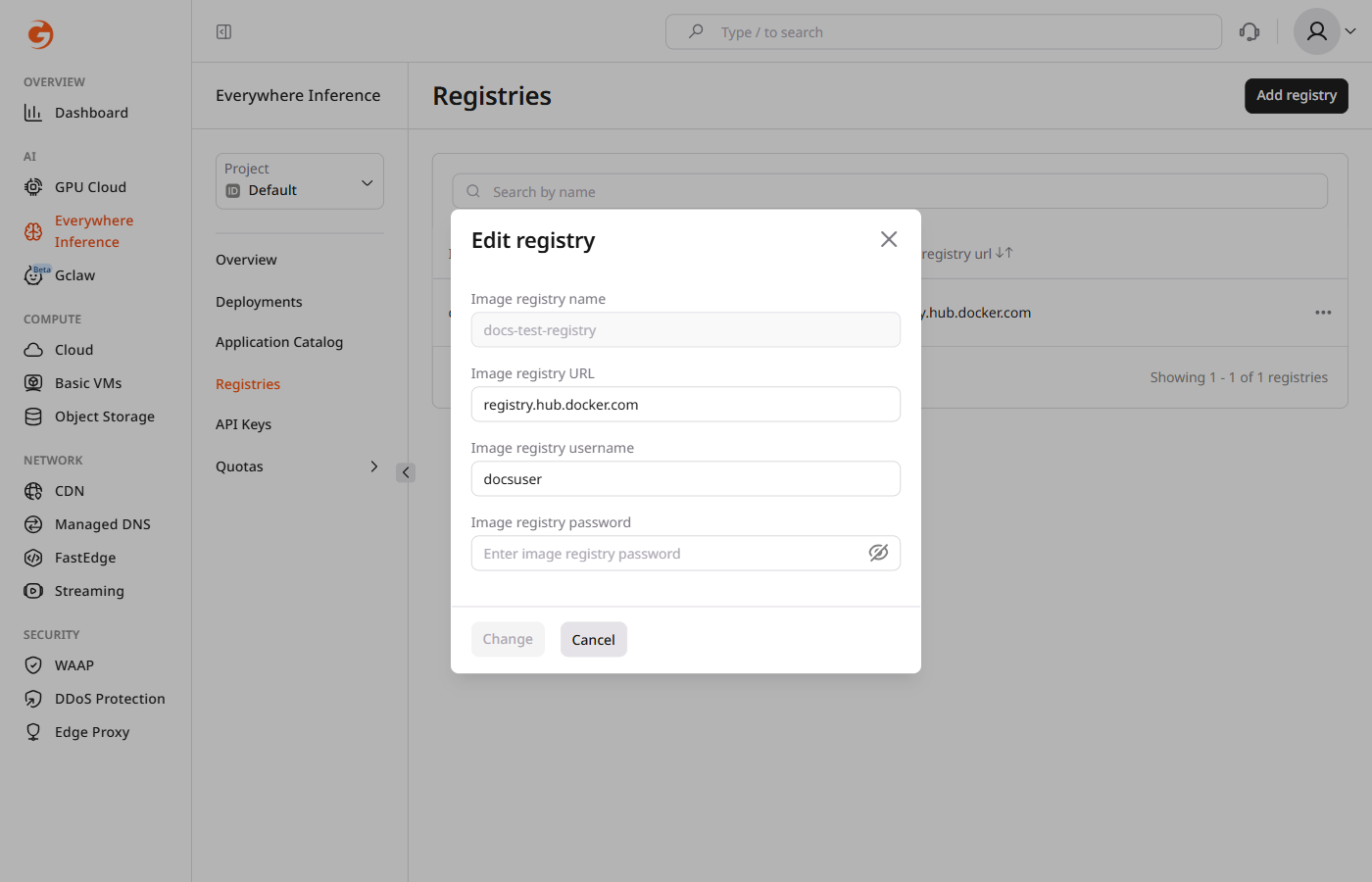 Edit registry dialog with Username and Password fields