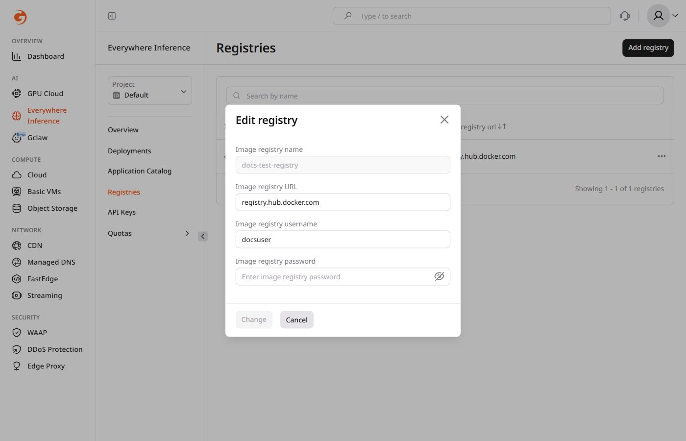 Edit registry dialog with Username and Password fields