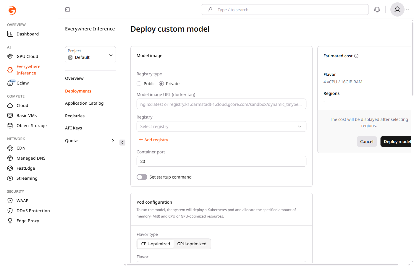 Deploy custom model form with Private registry type selected and Registry dropdown showing docs-test-registry