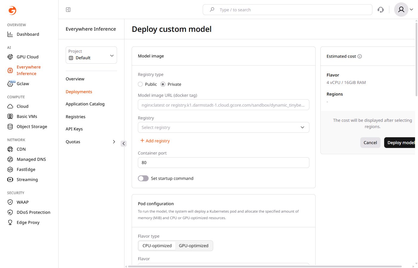 Deploy custom model form with Private registry type selected and Registry dropdown showing docs-test-registry
