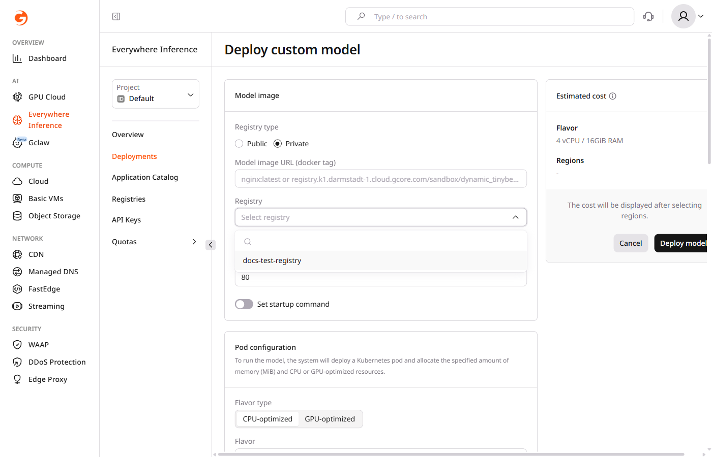 Registry dropdown open showing the available registry