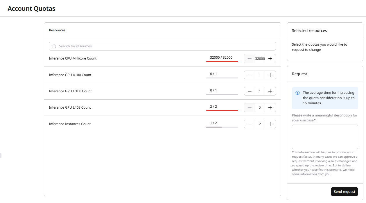 Account Quotas page showing available resources and the Request form