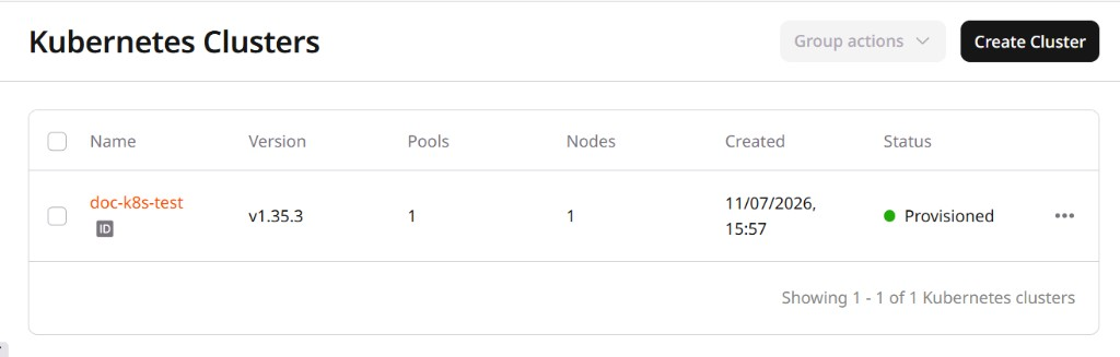 Kubernetes Clusters list with doc-k8s-test cluster in Provisioned status