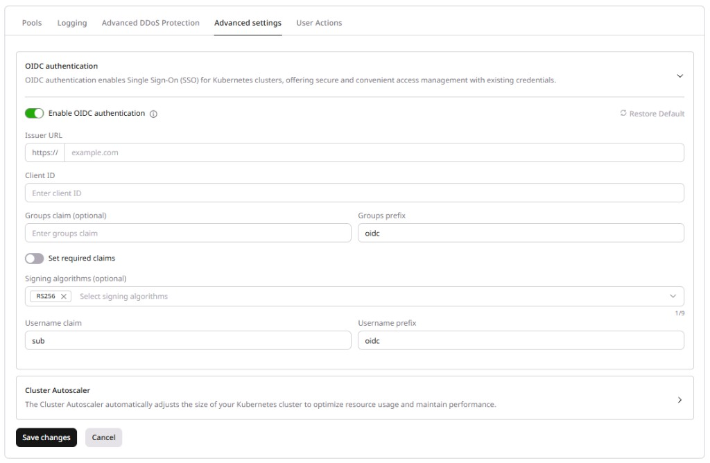 OIDC authentication form showing Issuer URL, Client ID, groups claim, signing algorithms, and username fields