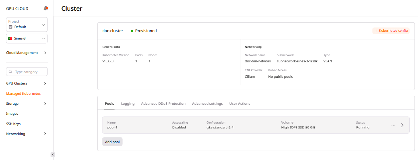 Managed Kubernetes clusters list showing doc-cluster in Provisioned status
