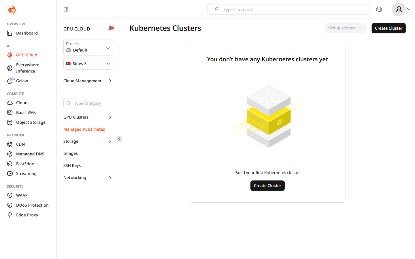 Managed Kubernetes page in GPU Cloud showing the clusters list and Create Cluster button