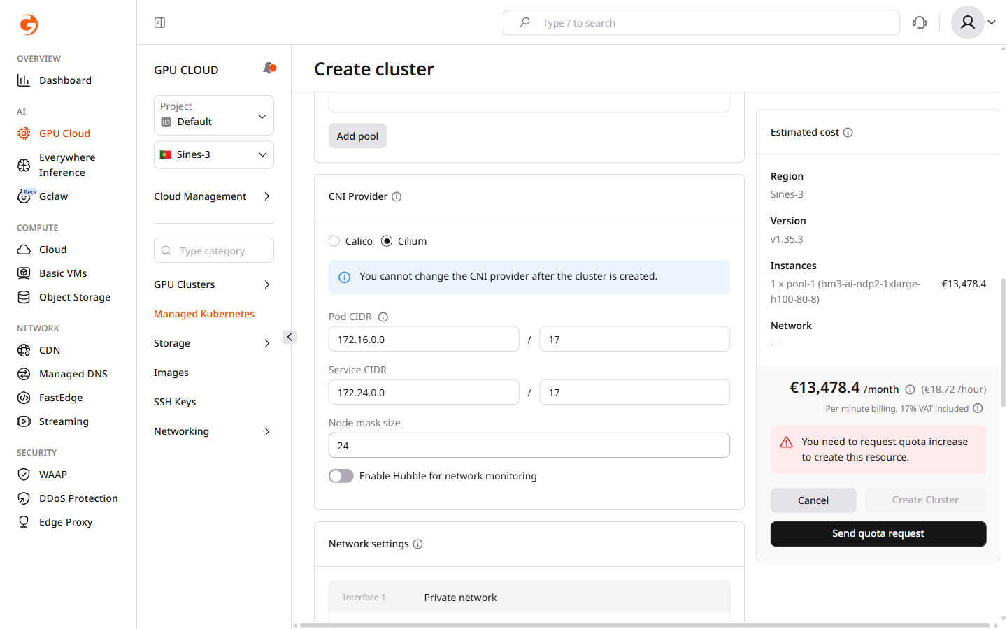 CNI provider section with Calico and Cilium options and CIDR configuration