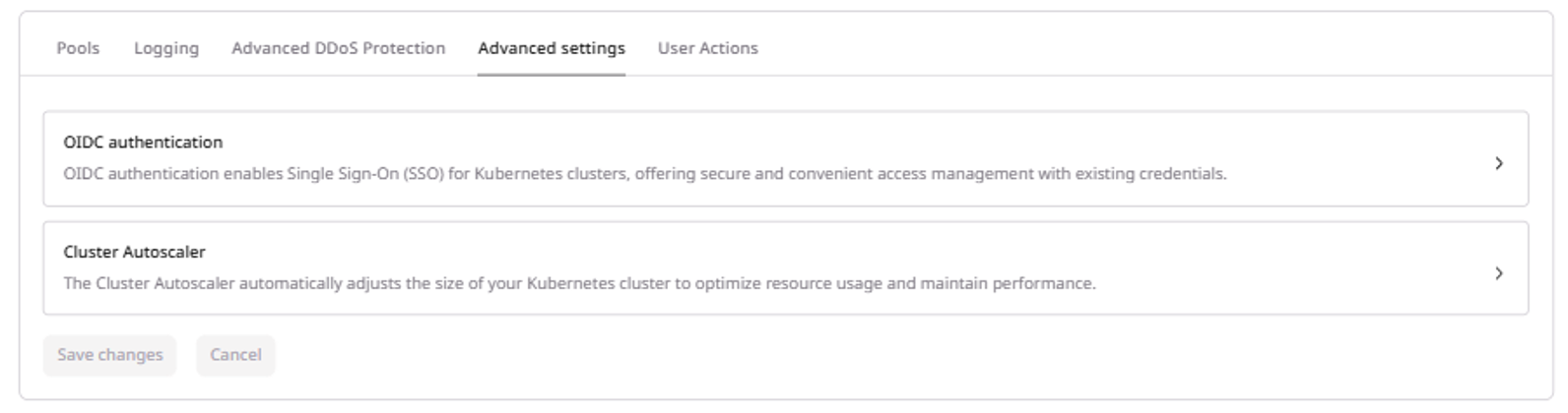 Advanced settings section showing OIDC authentication and Cluster Autoscaler options
