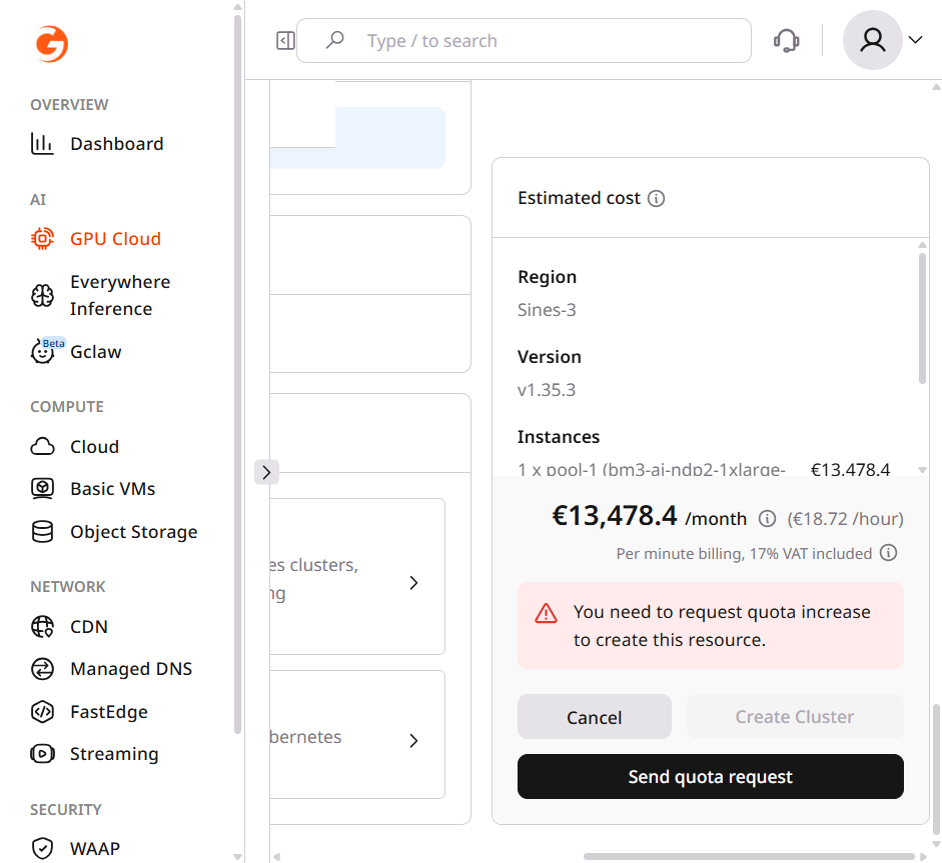 Estimated cost panel showing pricing breakdown by resource type