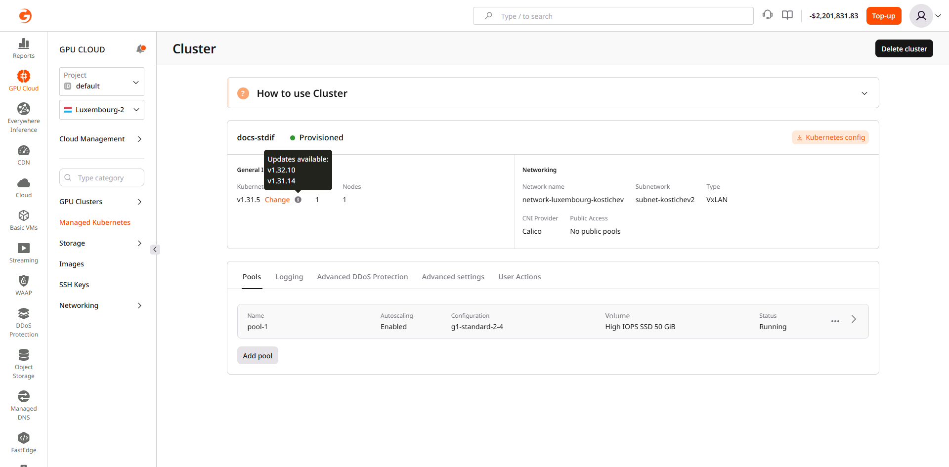 Kubernetes version upgrade prompt on the cluster overview page