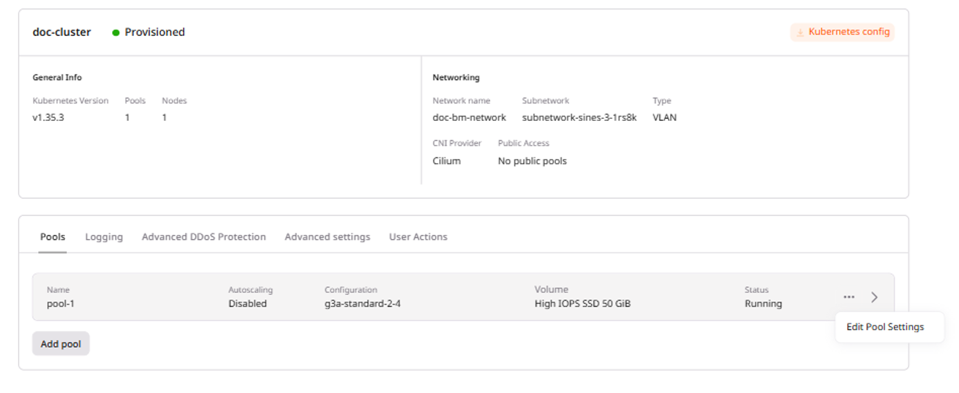 Pool actions menu showing Edit Pool Settings and Delete options