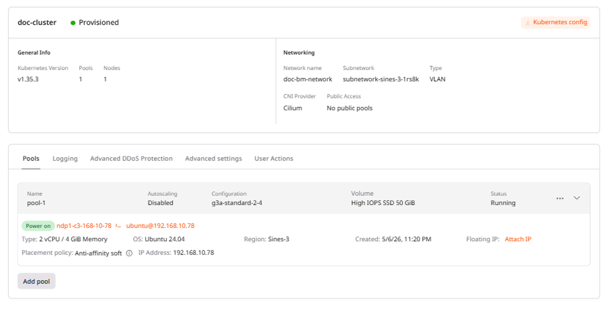 Pool details showing node configuration, status, and node list
