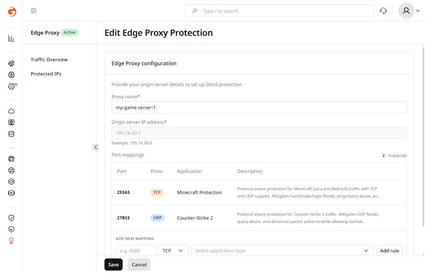 Edit Edge Proxy Protection form with two port mappings — the origin IP field is grayed out and cannot be changed