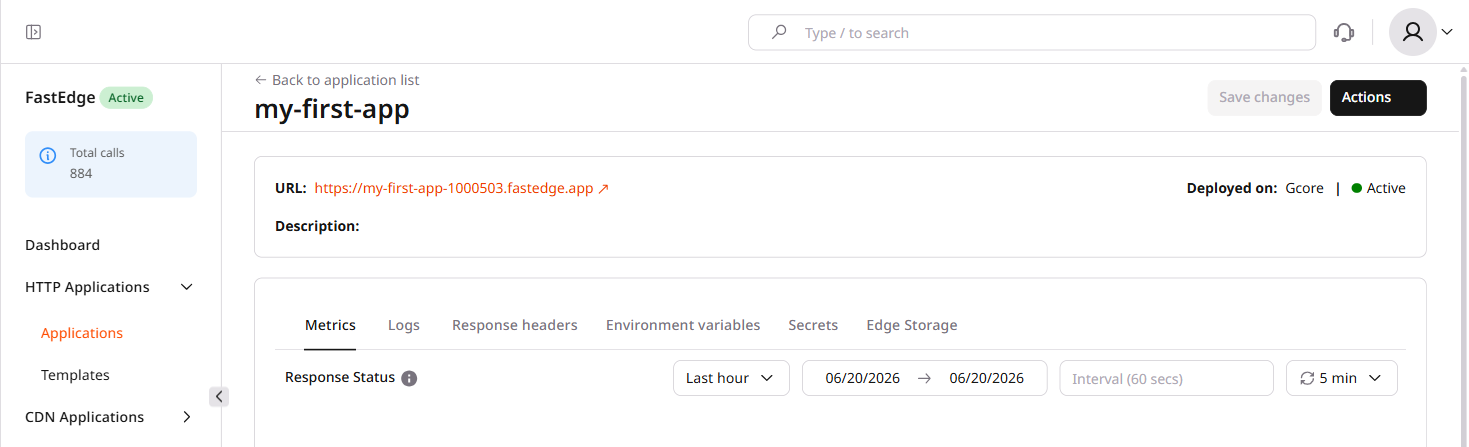 Application details page with URL and Active status