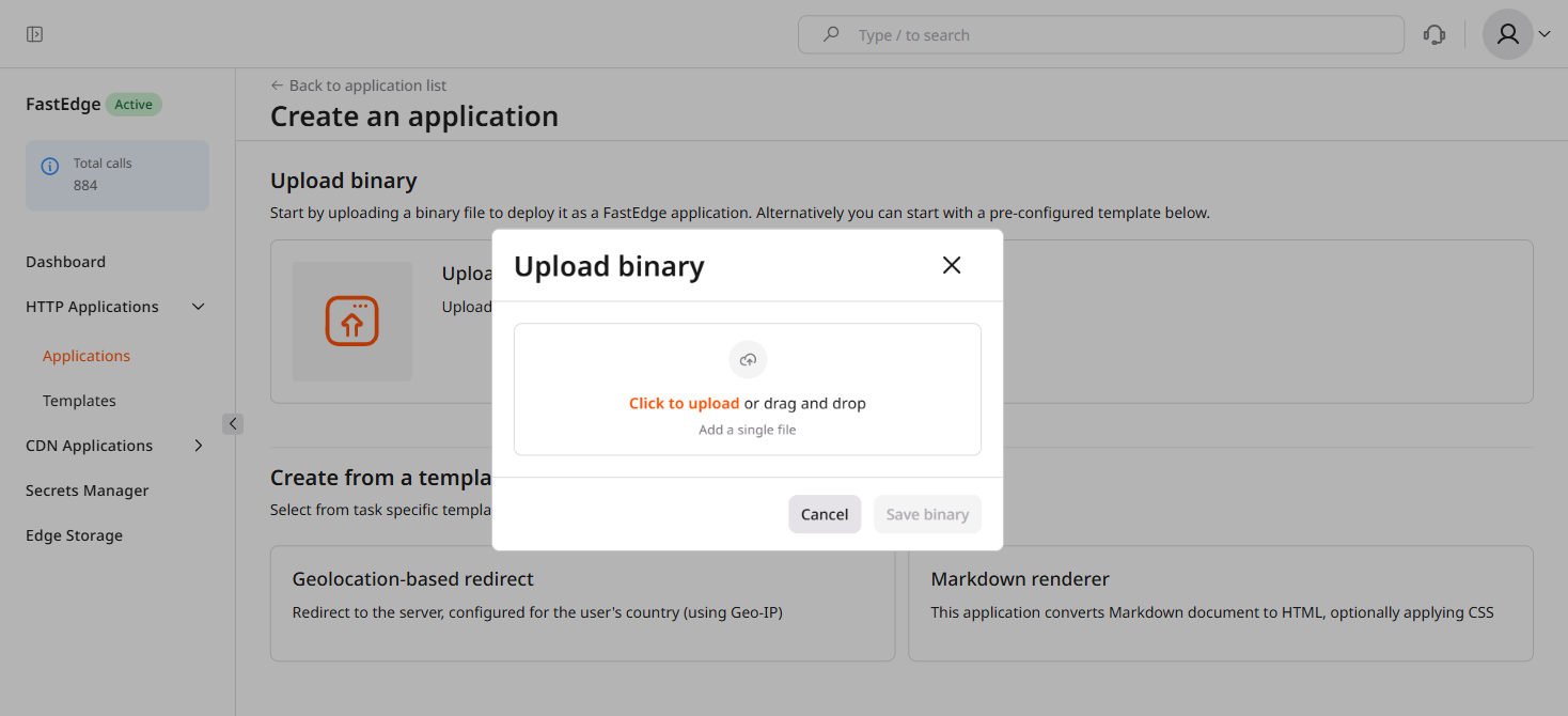 Create an application page with the Upload binary card