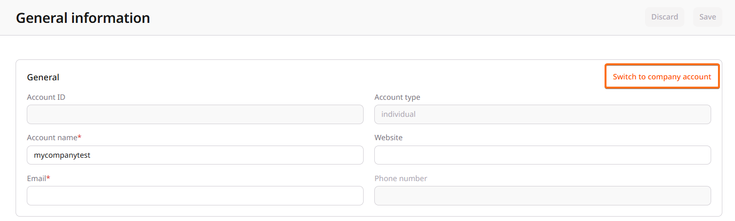 Switch to company account button on the General information page