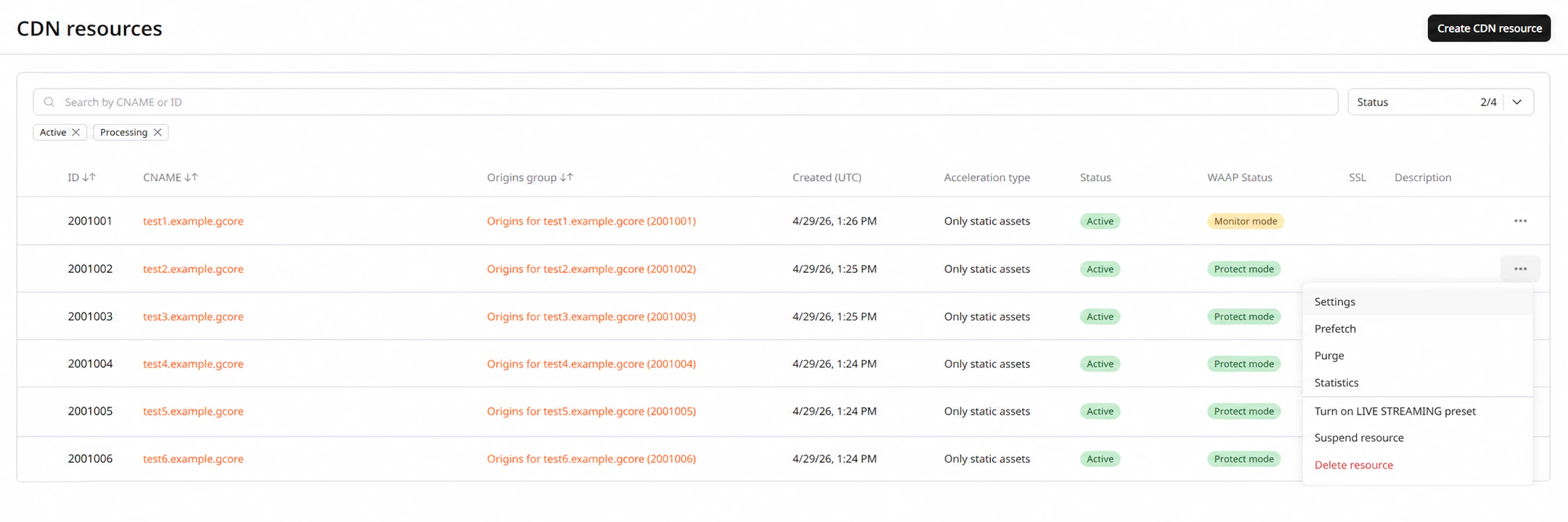 CDN resource settings page in the Customer Portal