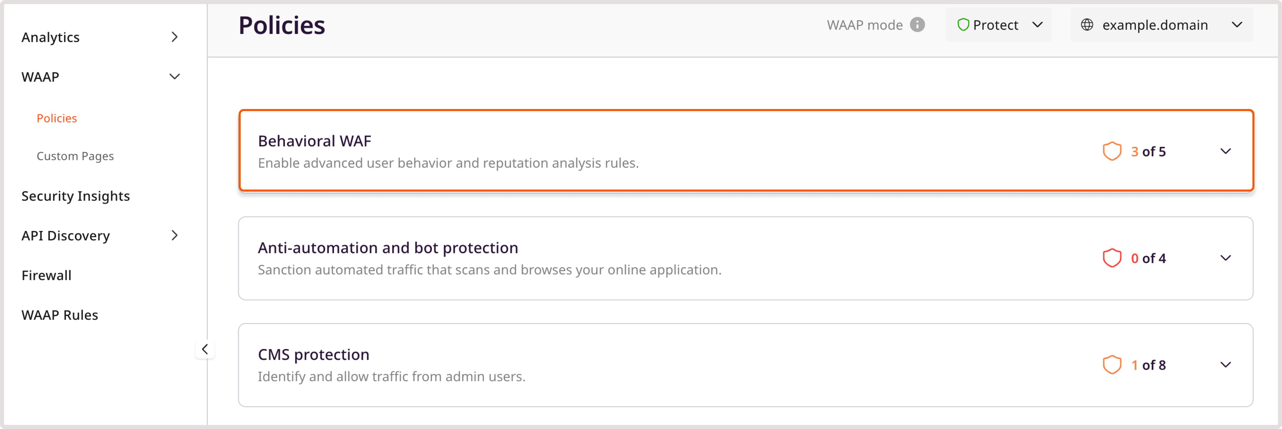 WAF policies page with the highlighted ehavioral WAF policy