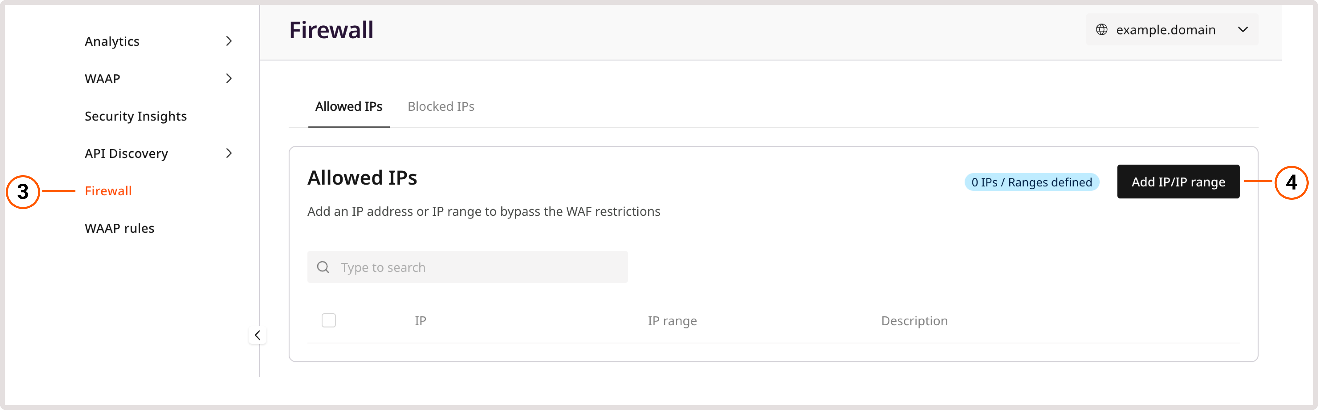 Firewall page with the allow and block IP lists