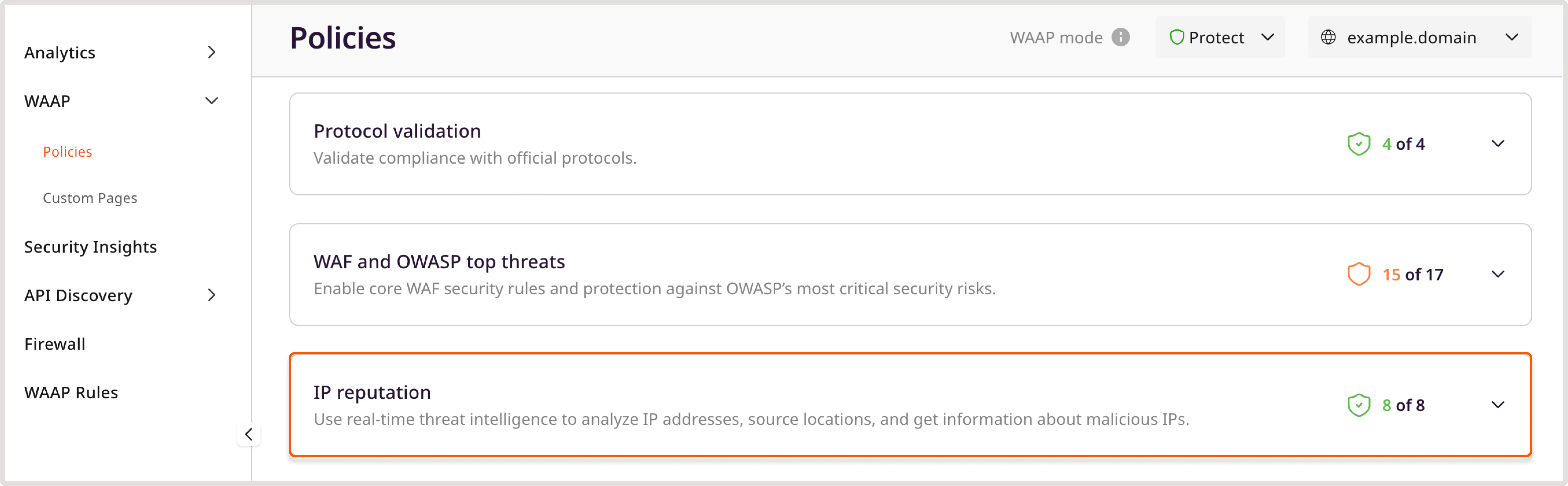 WAAP policies page with the highlighted Ip reputation policy