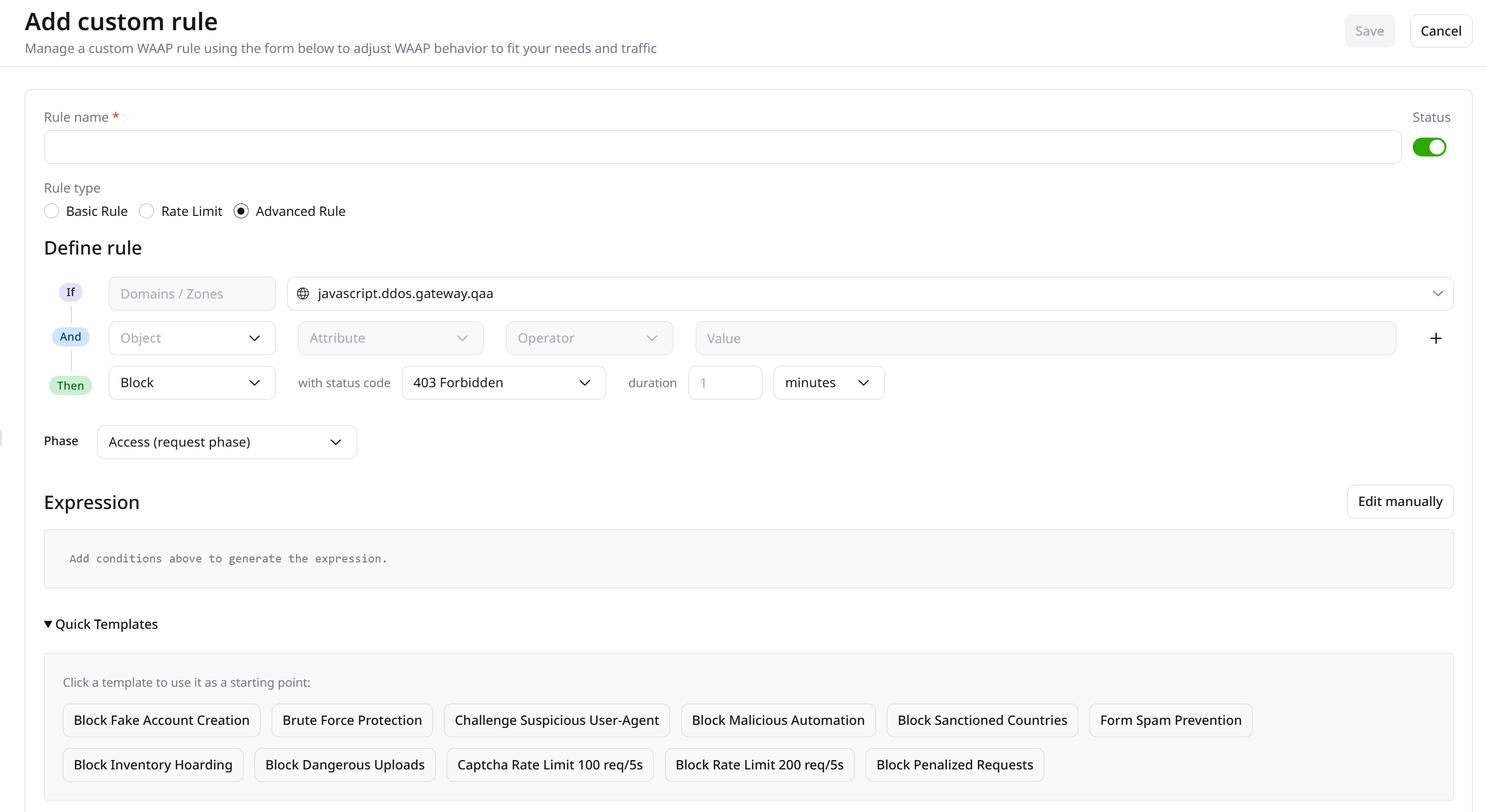 Add custom rule form with Advanced Rule selected