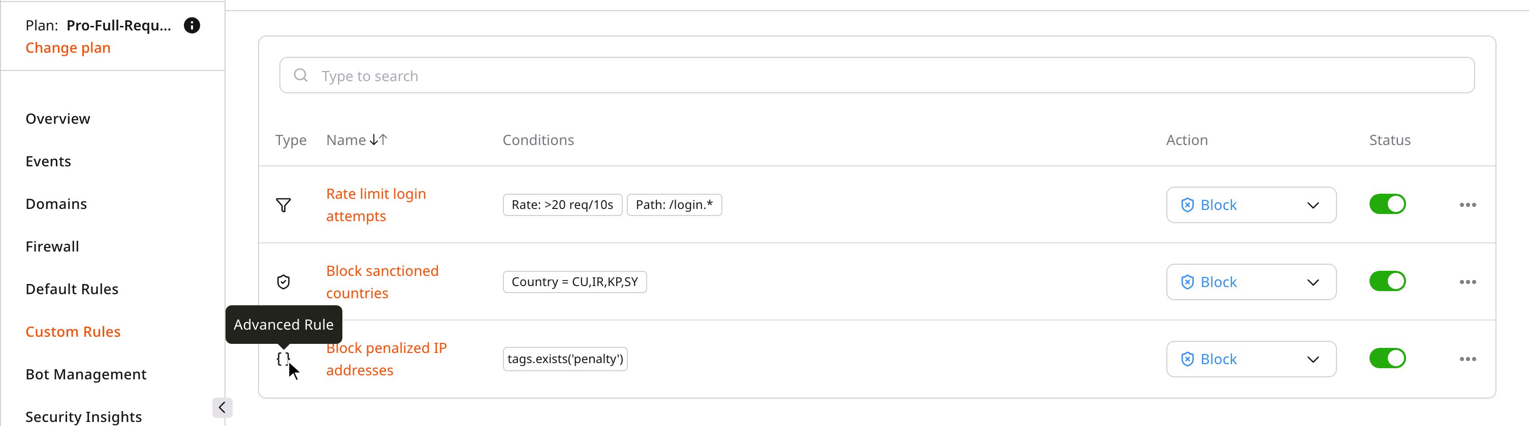 Custom Rules page listing rate limit, basic, and advanced rules, with the Advanced Rule tooltip shown on the type icon