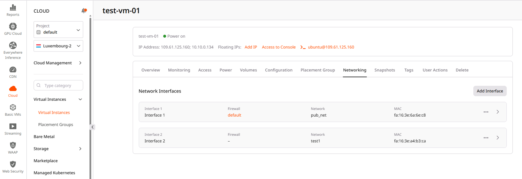 Network interface details in VM settings
