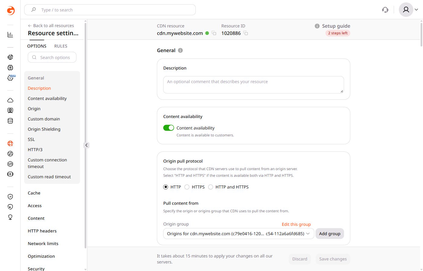 CDN resource settings showing the Content availability toggle in the enabled state