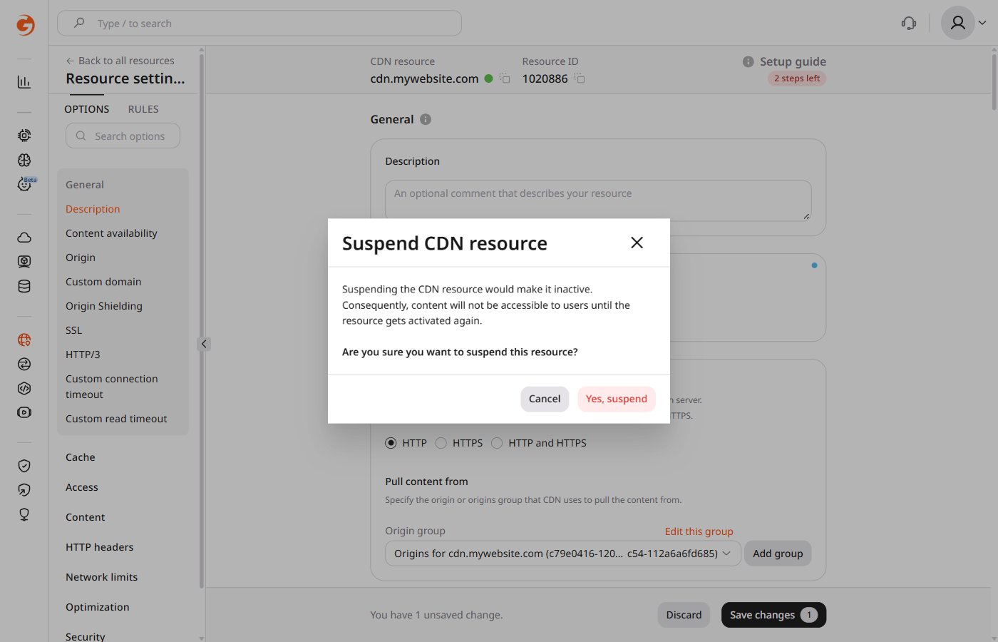 Confirmation dialog for suspending a CDN resource