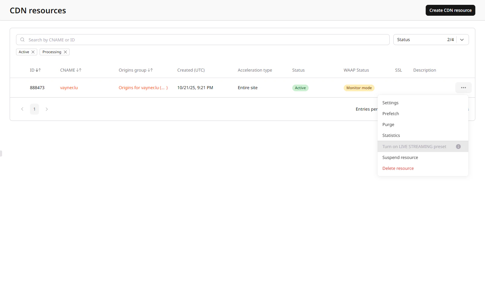 CDN resource settings page in the Customer Portal
