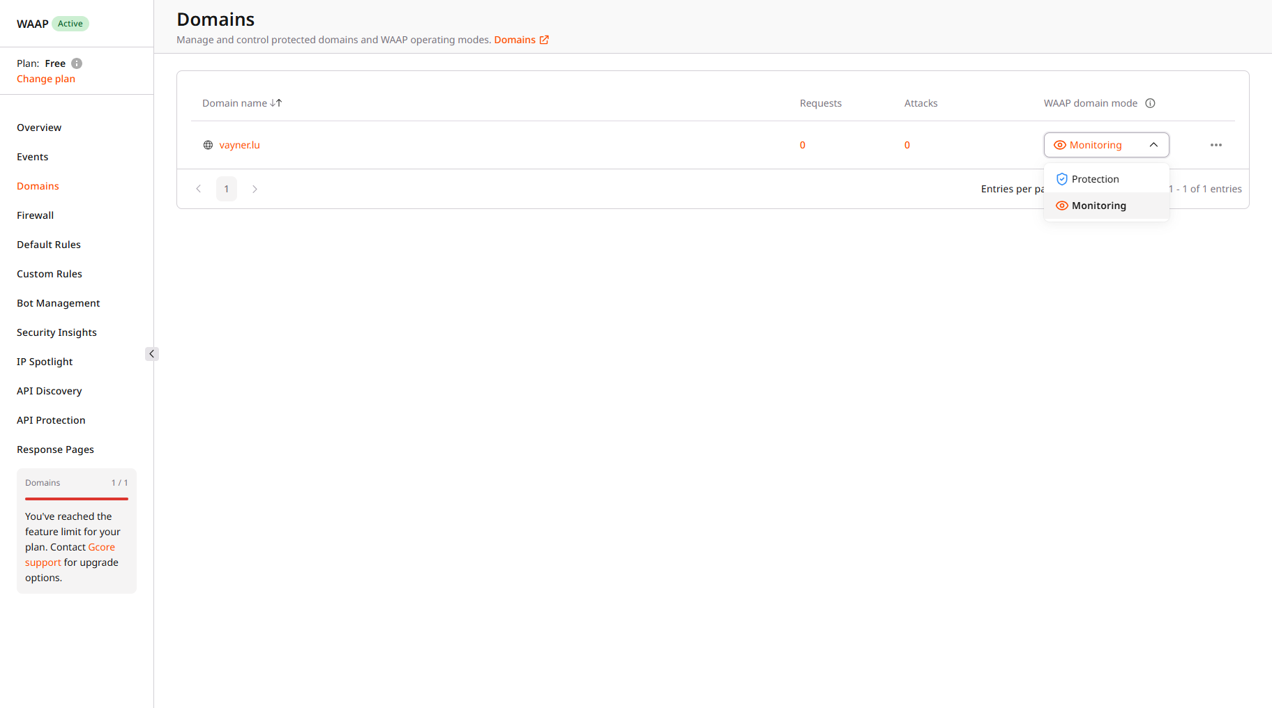 WAAP modes dropdown on Domains page
