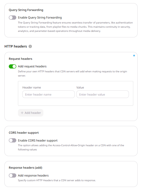 Request headers form with Header name and Value fields and the + Add header button