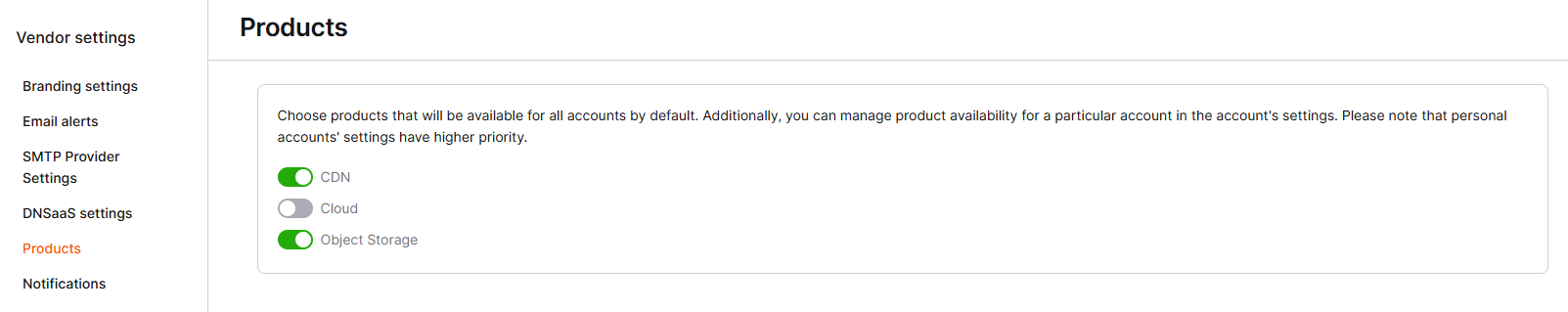 Products tab with CDN, Cloud, and Object Storage toggles