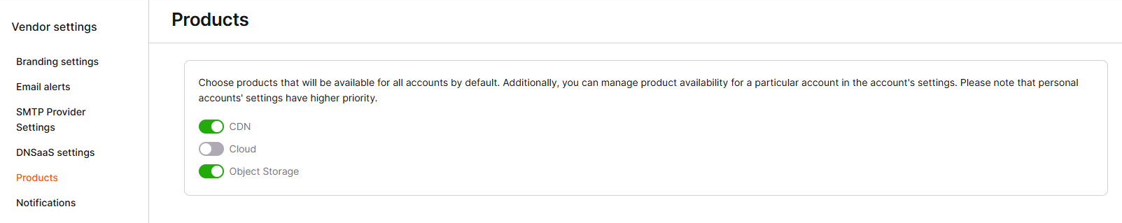 Products tab with CDN, Cloud, and Object Storage toggles