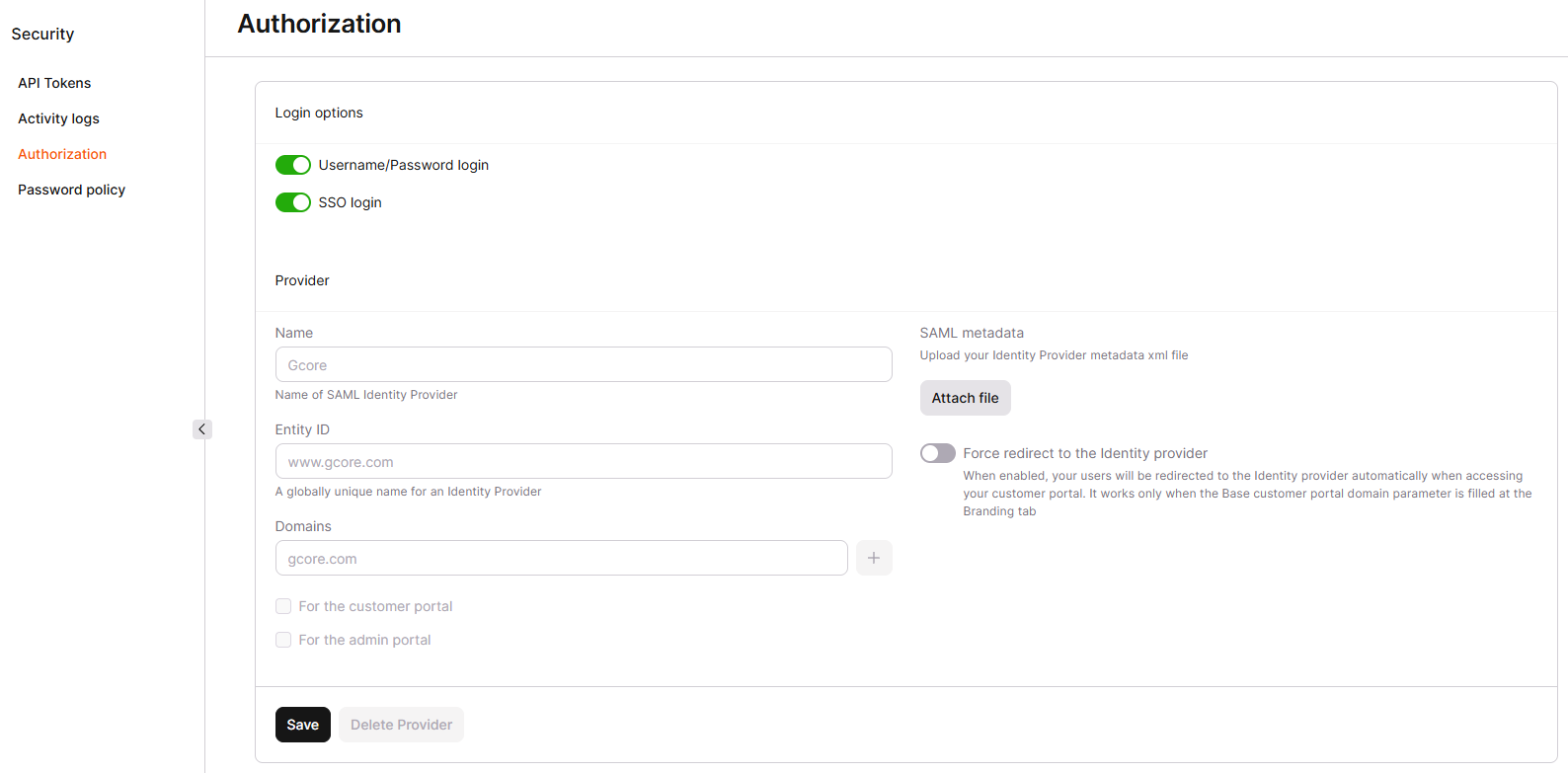 Authorization settings with SSO login enabled and the Provider configuration form